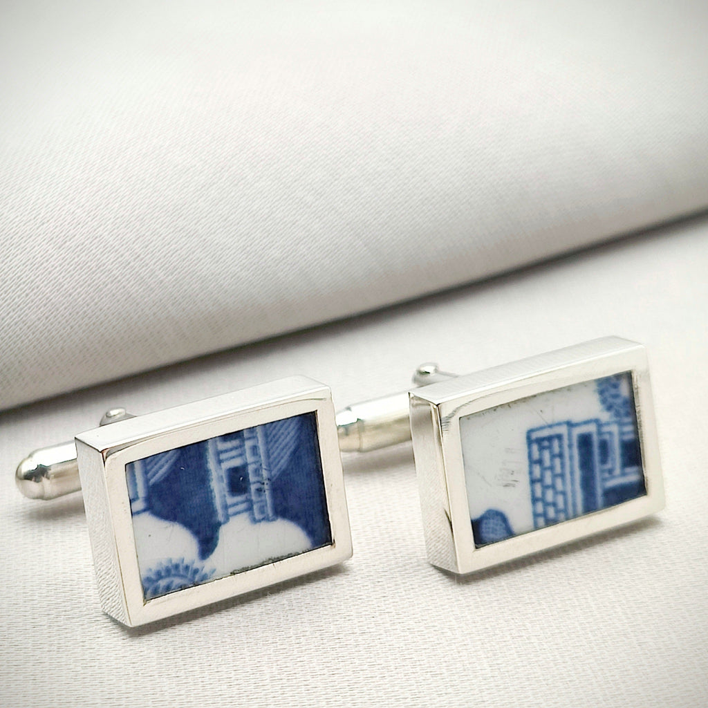 Hepburn and Hughes Minton pottery cufflinks | Willow pattern | Rectangle | sterling silver