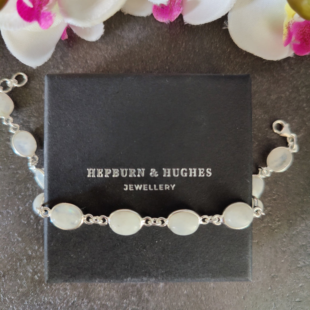 Hepburn and Hughes Moonstone Gemstone Bracelet | 11 ovals | Sterling Silver