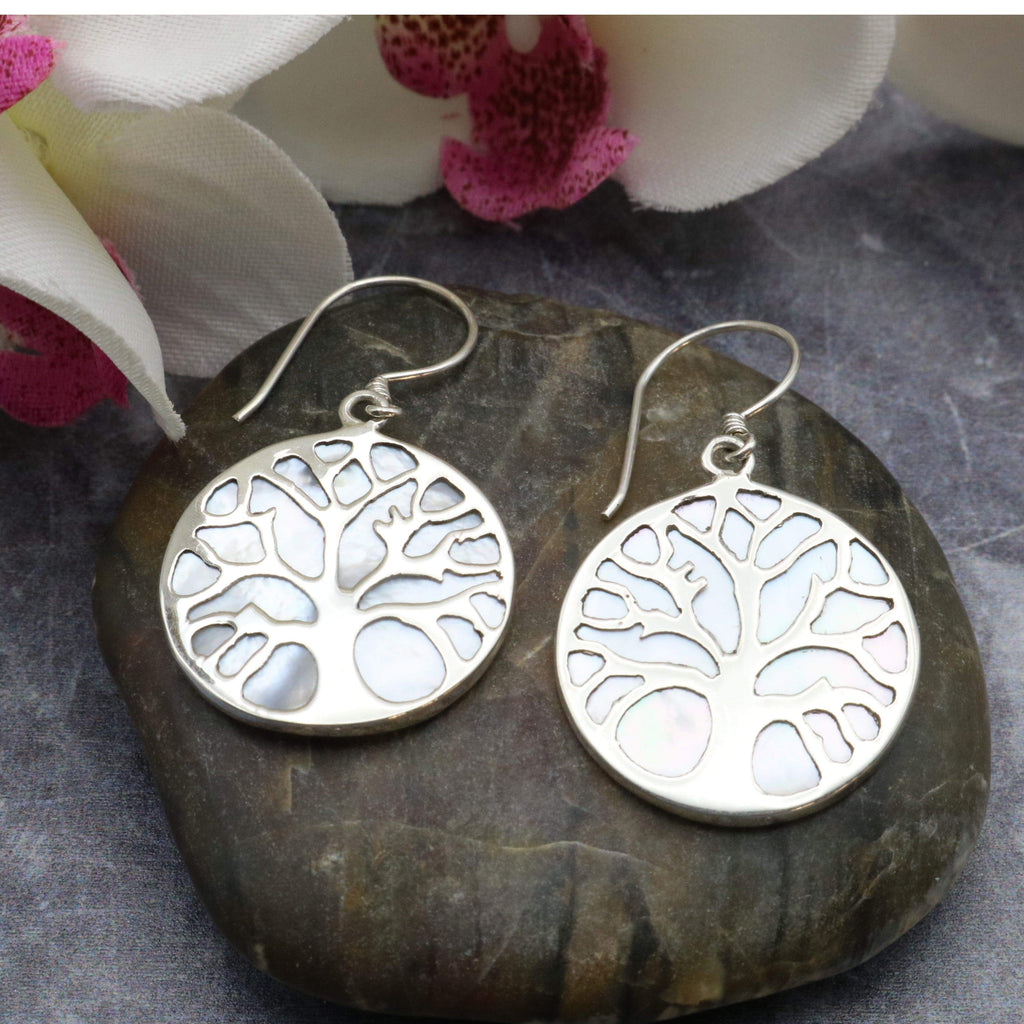 Hepburn and Hughes Mother of Pearl Earrings, with Tree of Life in Sterling Silver