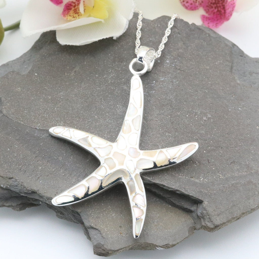 Hepburn and Hughes Mother of Pearl Large Starfish Pendant | White Mosaic | Sterling Silver