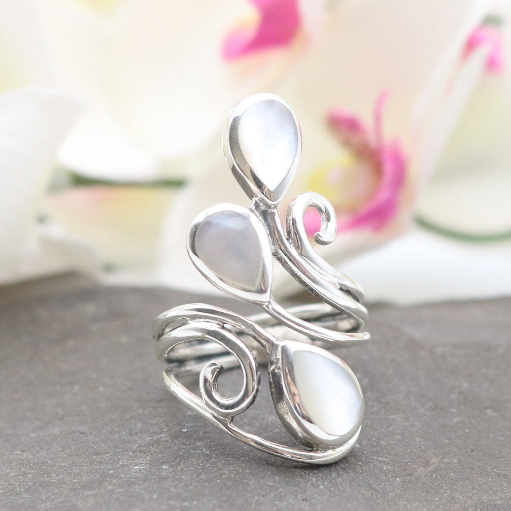 Hepburn and Hughes Mother of Pearl Ring | Adjustable band | Triple teardrop | Sterling Silver