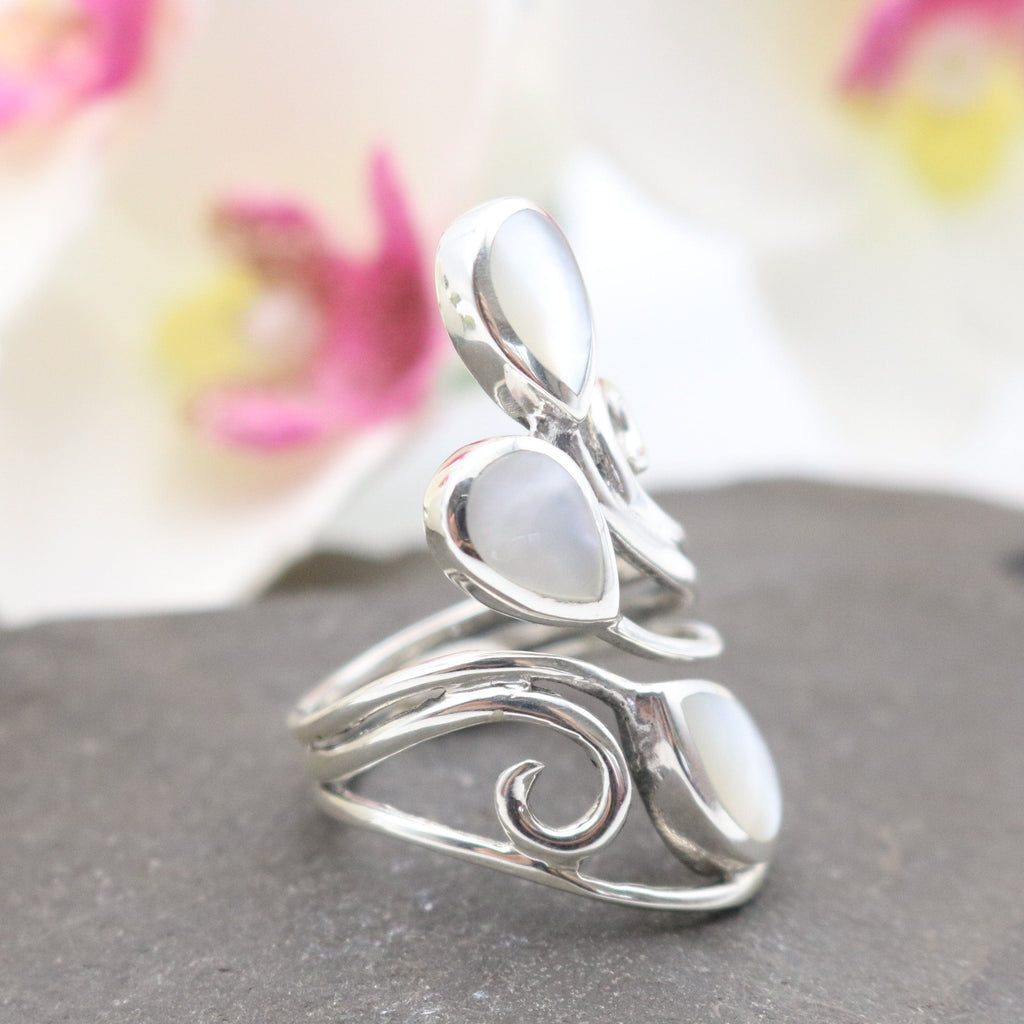 Hepburn and Hughes Mother of Pearl Ring | Adjustable band | Triple teardrop | Sterling Silver