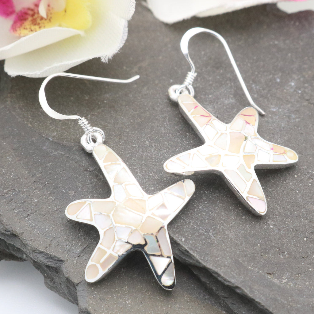 Hepburn and Hughes Mother of Pearl Starfish Drop Earrings | White Mosaic | Sterling Silver