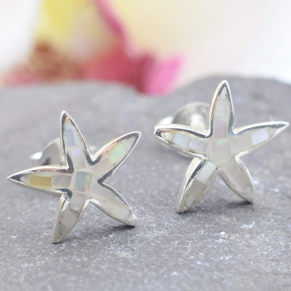 Hepburn and Hughes Mother of Pearl Starfish Stud Earrings | White Mosaic | Sterling Silver