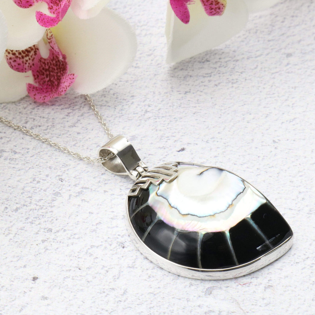 Hepburn and Hughes Nautilus Shell Pendant, small black Art Deco in Sterling Silver