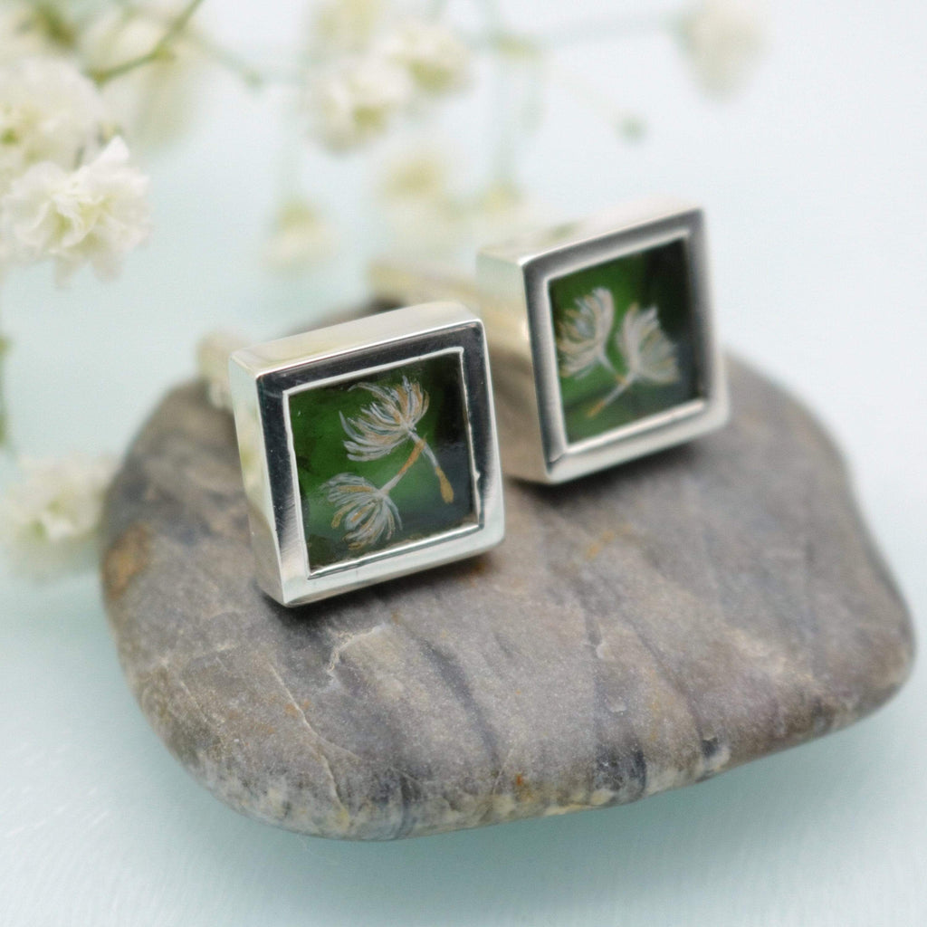Hepburn and Hughes Painted flowers on upcycled Gin Bottle Cufflinks in Sterling Silver