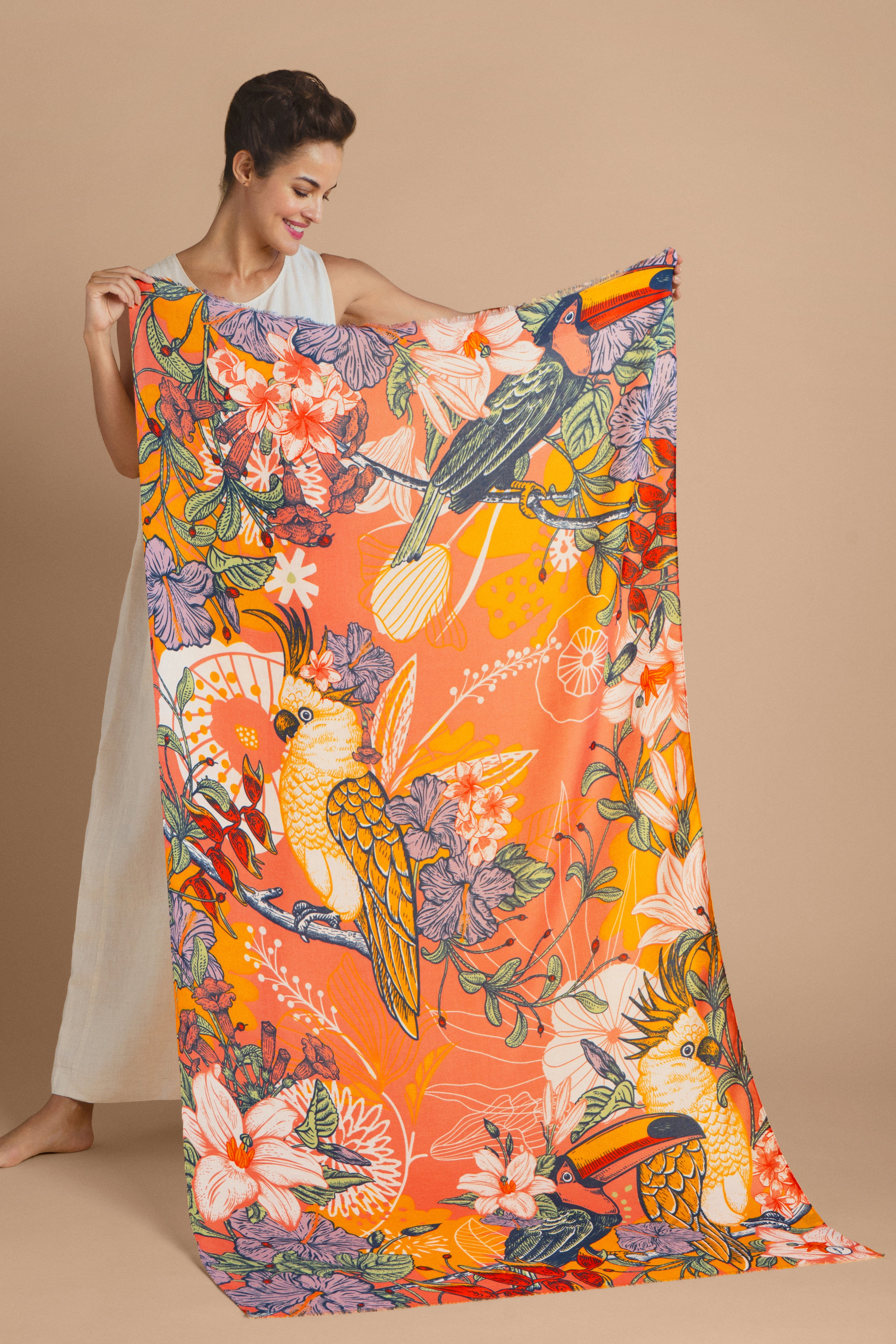 Hepburn & Hughes Powder Scarf | Tropical Bird Design Design Print | Multi