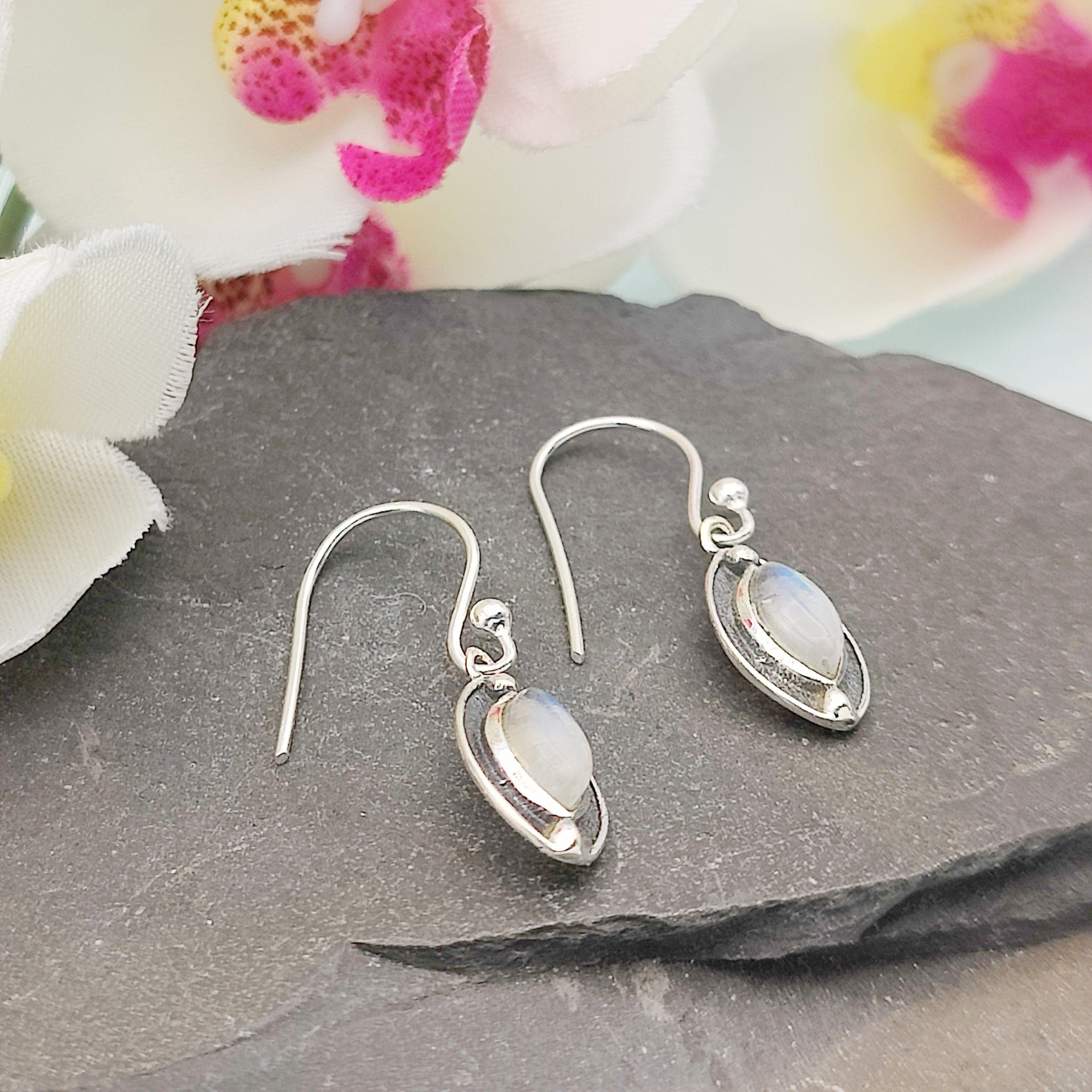 Hepburn and Hughes Rainbow Moonstone Drop Earrings | Pointed Oval Double Bezel | Sterling Silver