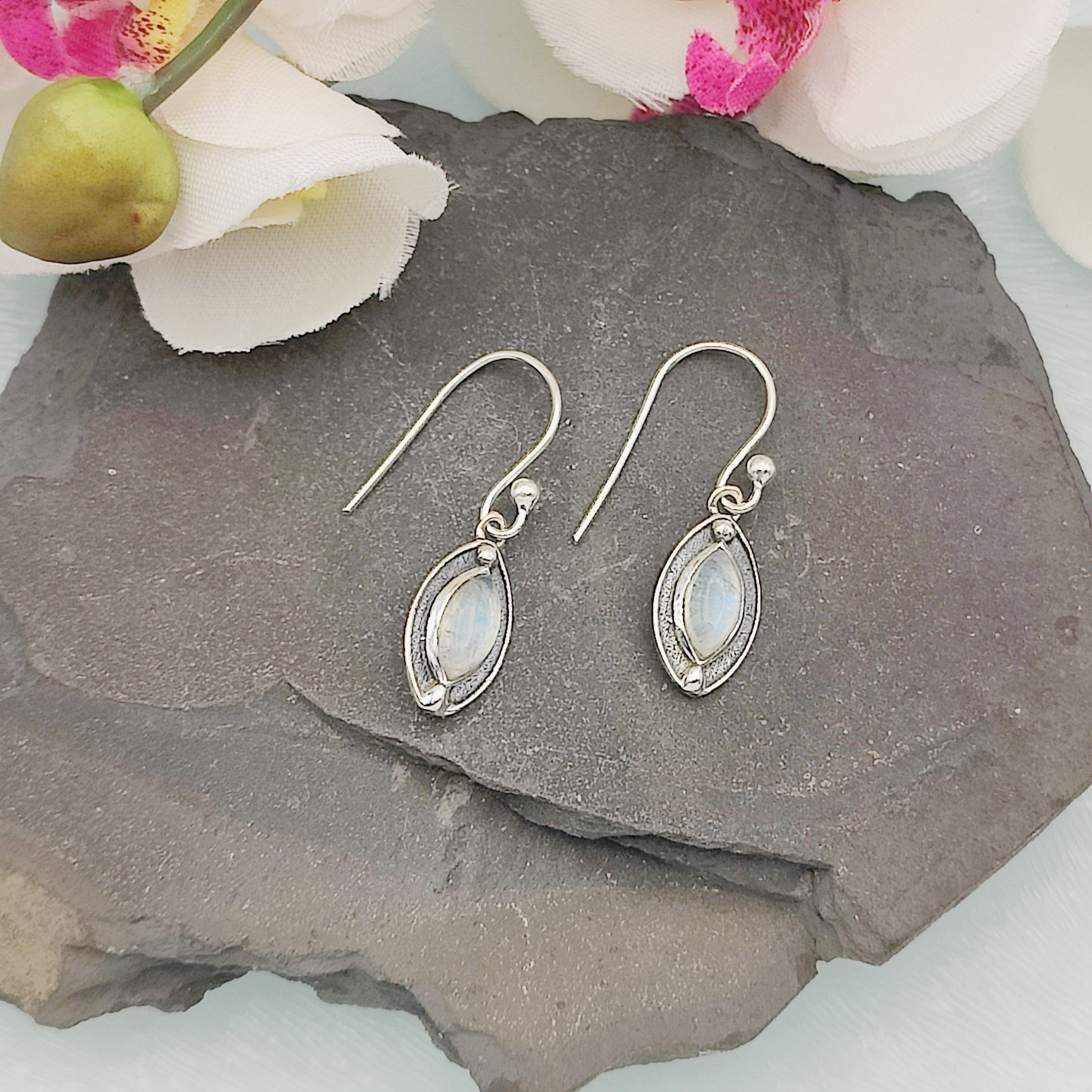 Hepburn and Hughes Rainbow Moonstone Drop Earrings | Pointed Oval Double Bezel | Sterling Silver