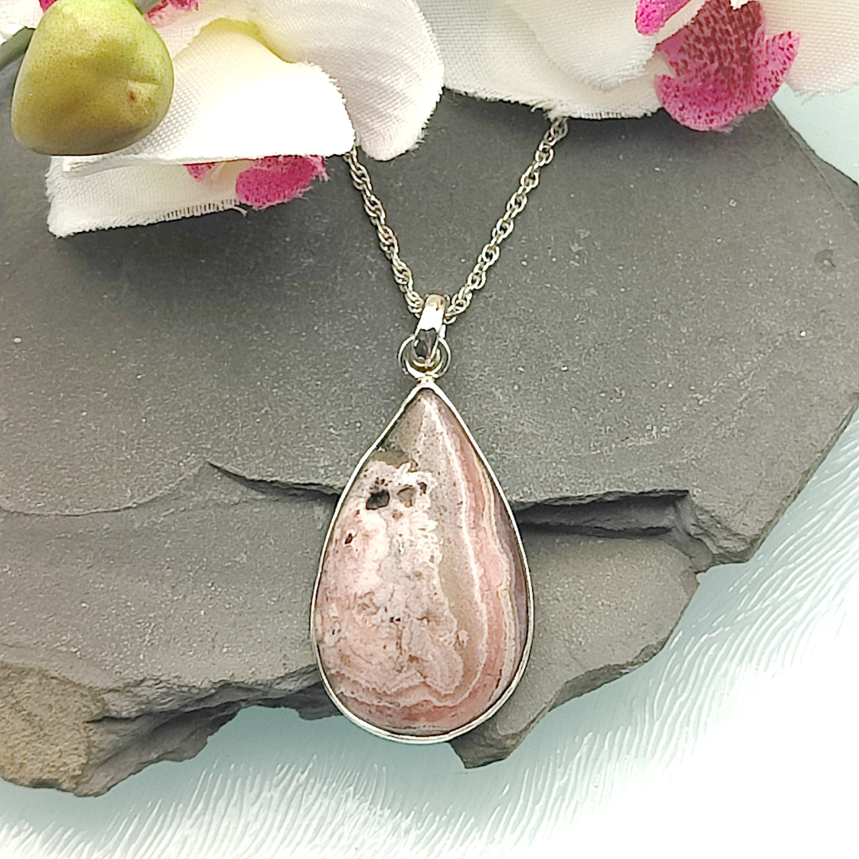 Hepburn and Hughes Rhodochrosite Pendant | Small Teardrop | Sterling Silver