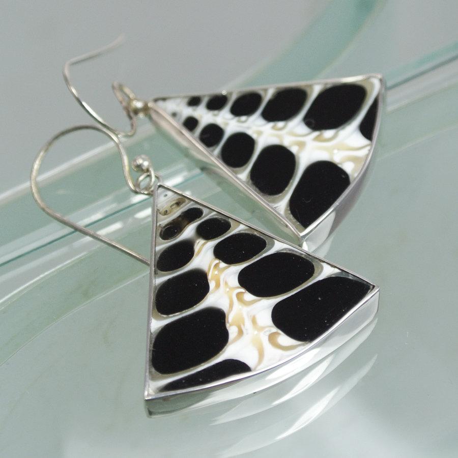 Hepburn and Hughes Seashell Earrings, Black triangle Troca in Sterling Silver