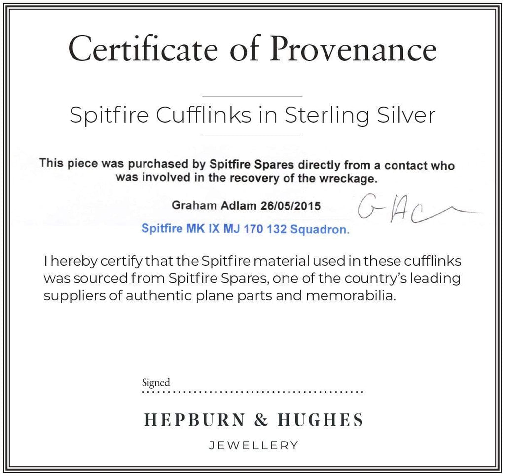 Hepburn and Hughes Spitfire Cufflinks | Made from genuine Spitfire parts | Sterling Silver