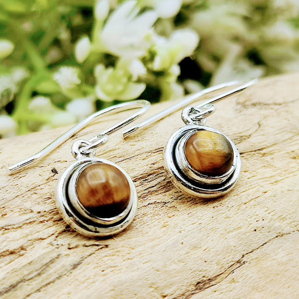 12mm Round Tiger Eye Stone Drop Earrings in Gold Tone - 40mm L | eBay