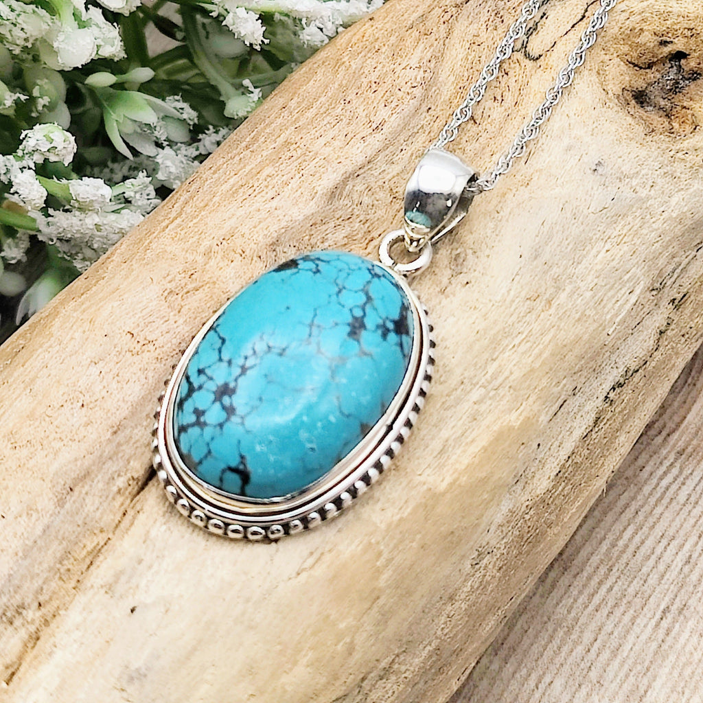 Hepburn and Hughes Turquoise Gemstone Pendant | Oval Birthstone Necklace | Sterling Silver